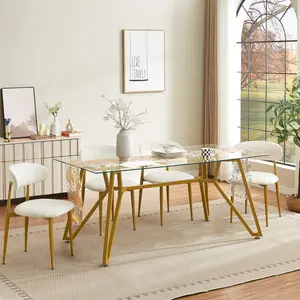 Dining Table 70.9-inch Rectangular Glass Dining Table, suitable for 1-8 people, modern style home kitchen dining table, equipped with sturdy metal table legs,suitable for dining room,living rooms, offices, Gold