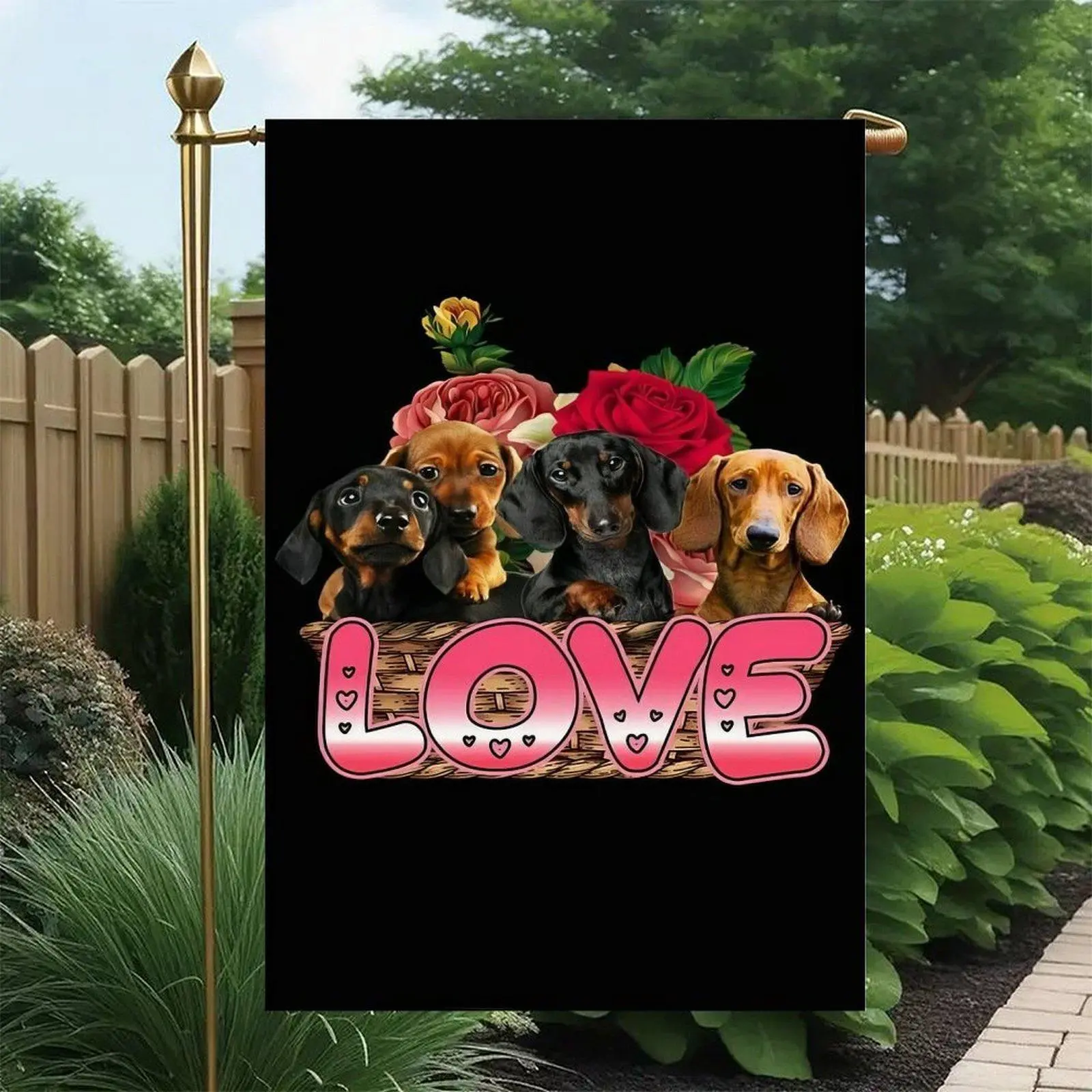 Dachshund Puppies Floral Print Rose Wicker Basket Garden Flag - 12x18 Inch, Double Sided, Multicolor Outdoor Decor for Pet Lovers, Garden Display Lawn Banner, Multicolor Flag