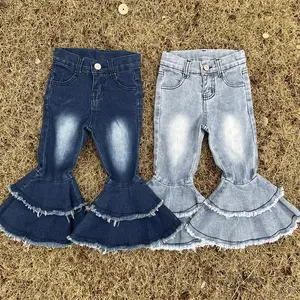 Girl Bell Bottom Jeans Blue Bleached Girl Denim Pant Toddler Jeans Party Wear Adjustable Waist