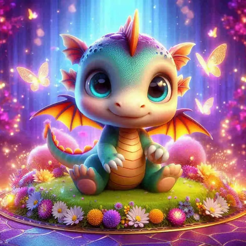 Cute Baby Dragon Fantasy Flower Field 5D Full Drill Diamond Painting Kit Adorable Design with Shimmering Glitter and Butterfly Accents Whimsical Mythical Art Style DIY Art For Home Wall Decor Ideal Gift For Dragon Lover And Craft Enthusiasts