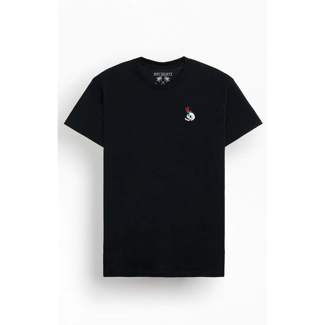 Riot Society Men's Black Rose Skull Embroidered T-Shirt