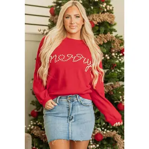 Fiery Red Pearl Beaded Merry Casual Sweater