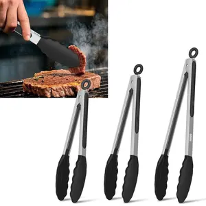 3 Piece Kitchen Tong Set for Cooking - 7" to 12" Silicone & Stainless Steel Tongs Utensil Set Cookware Hanging