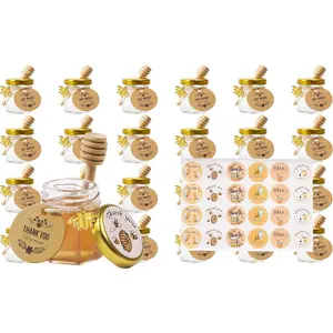 1.5oz 24 Pack Mini Glass Hexagon Canning Jars with Gold Lid, Bee Charms Honeybee Pendant, Honey Dipper Sticks, Jute Tag String, Square kraft paper, Baby Shower, Wedding Favors (Golden Sticker)