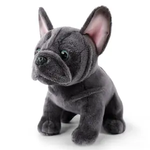 Realistic French Bulldog Plush Stuffed Animal – Soft Black & Grey Coarse Coat, Expressive Eyes, Light Beige Fluffy Ears, Cuddly & Durable Companion Toy, Perfect Birthday & Christmas Gift for Kids, Ideal for Ventriloquism Practice
