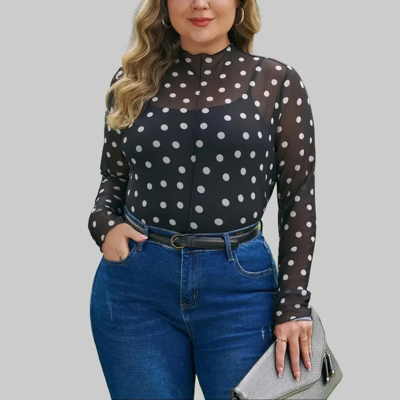S-4X Plus Size Women's Cute Polka Dot Blouse, 95% Polyester 5% Elastane Stretch Sheer Slim‑Fit Blouse. This classy semi‑sheer polka‑dot mesh shirt is designed for US sizes 1X‑4X. Perfect to pair with jeans, high‑waisted pants or skirts for office‑work,
