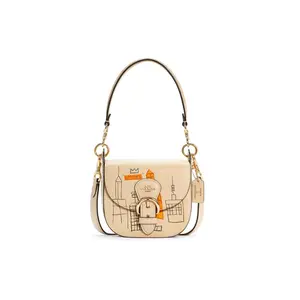 COACH x Jean-Michel Basquiat Kleo 17 Graffiti-Print Leather Saddle Bag for Women, Ivory White