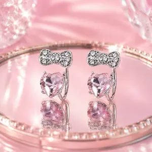 Pink Heart Crystal Bow Open Ring | Y2K Aesthetic Coquette Jewelry | Adjustable Statement Ring for Women Girls | Sweet Romantic Gift
