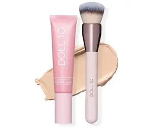 DOLL 10 Beauty Liquid Filter Foundation 1oz with Smoothing Brush for Flawless Coverage & Niacinamide Infused Makeup Set