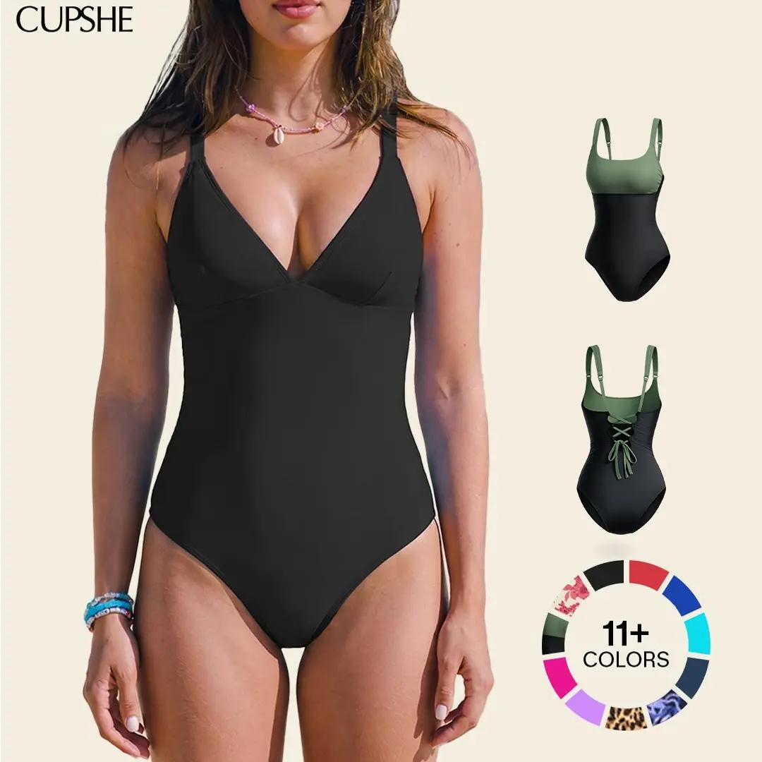 【Restocked】CUPSHE One-Piece Swimsuit: Plunging V Neck Sculpting Tummy Control Bathing Suit Swimswimsuits Swimwear with Adjustable Lace-Up Back (Size XS-3XL) Swimoutfit Bathing suit #summerfinds