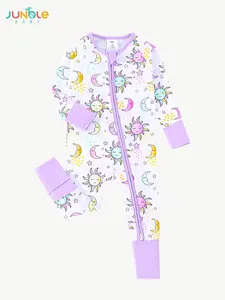 JUNBLEBABY Baby Bamboo Fiber Zipper Hoodie in Purple with Sun and Moon Print Double Zipper Reversible Sleeve Cover Soft Breathable Baby Swimsuit