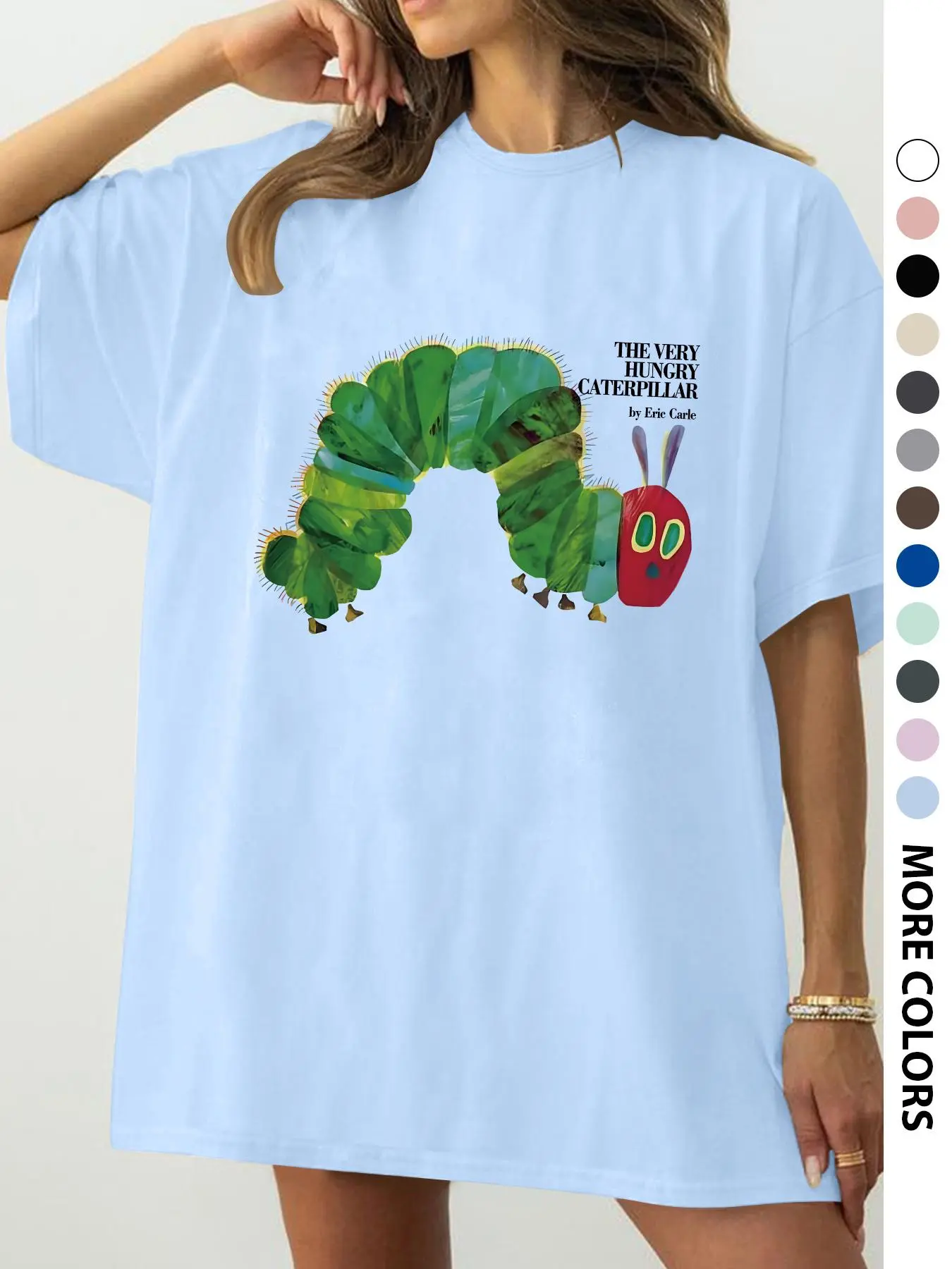 Women's Cute Graphic Caterpillar Print Casual Round Neck T-Shirt, Loose-Fitting Breathable Summer Top for Everyday Wear, Outdoor Vacation Style, Womenswear