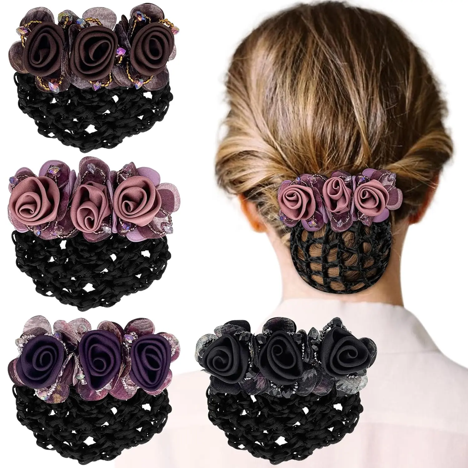 3 Pcs Flower Hair Bun Holder Covers Hair Net Snood Pocket Hair Clip with Barrette Ribbon Mesh Hairnet Hair Accessories for Women,summerwins
