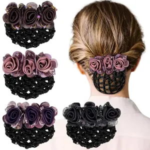 3 Pcs Flower Hair Bun Holder Covers Hair Net Snood Pocket Hair Clip with Barrette Ribbon Mesh Hairnet Hair Accessories for Women