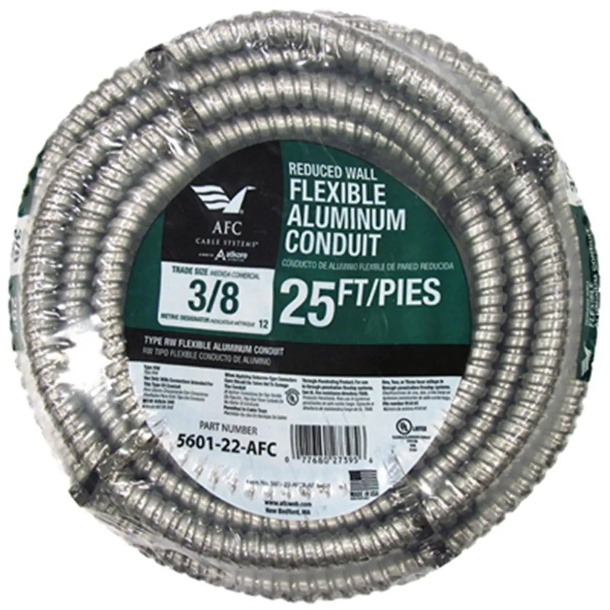 AFC Cable Systems 5601-22-AFC Reduced Wall Galvanized Aluminum Flexible Conduit Coil, 3/8 in. x 25 ft., Interlocking Metal Strip, Easy Wire Fishing, Enhanced Flexibility, Compatible with 1,2,3 Hour Through-Penetration Fire Systems, 1.54 lbs