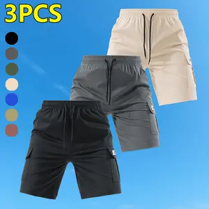 3-Pack durable multi-pocket tooling shorts for men, retractable drawstring belt, outdoor tooling shorts, suitable for camping-solid color casual wear (micro-elastic fabric) fashionable and versatile summer shorts for men, a variety of combinations are ava
