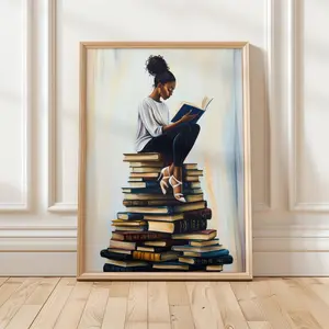 African Girl Art, Black Girl Reading Art Print, Book Lover Wall Print, Woman And Book Art, Room Decor, Unframed