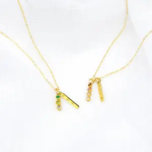 Minimalist Birthstone Bar Necklace with Kids' Birthstones & Names, Necklace for Mom