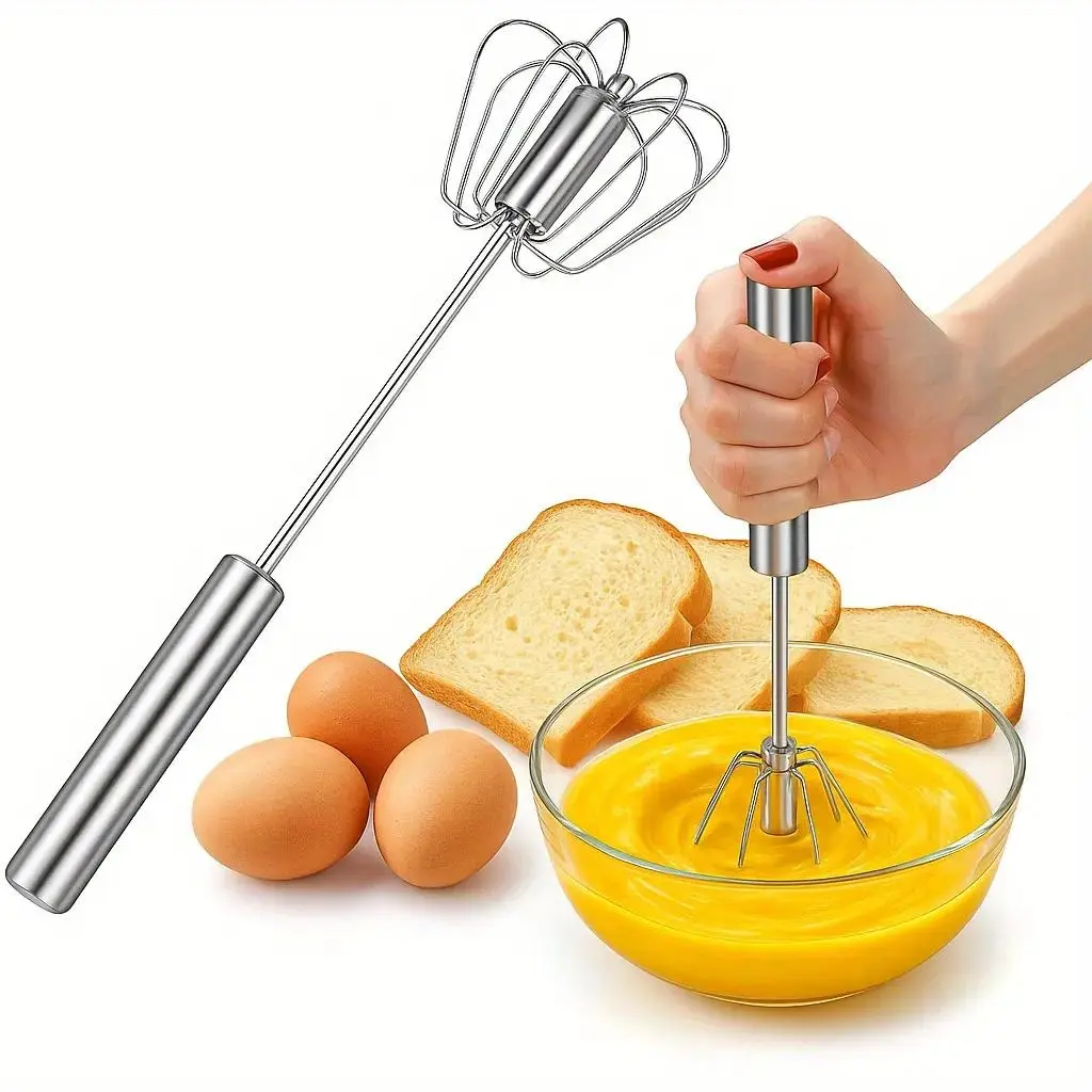 1PC Stainless Steel Handheld Hand-Operated Semi-Automatic Rotary Whisk - Easy-Operation Home Baking Kitchen Utensil for Egg, Milk Blending, Mixing, Cooking (Hand-Operated Egg Utensils)