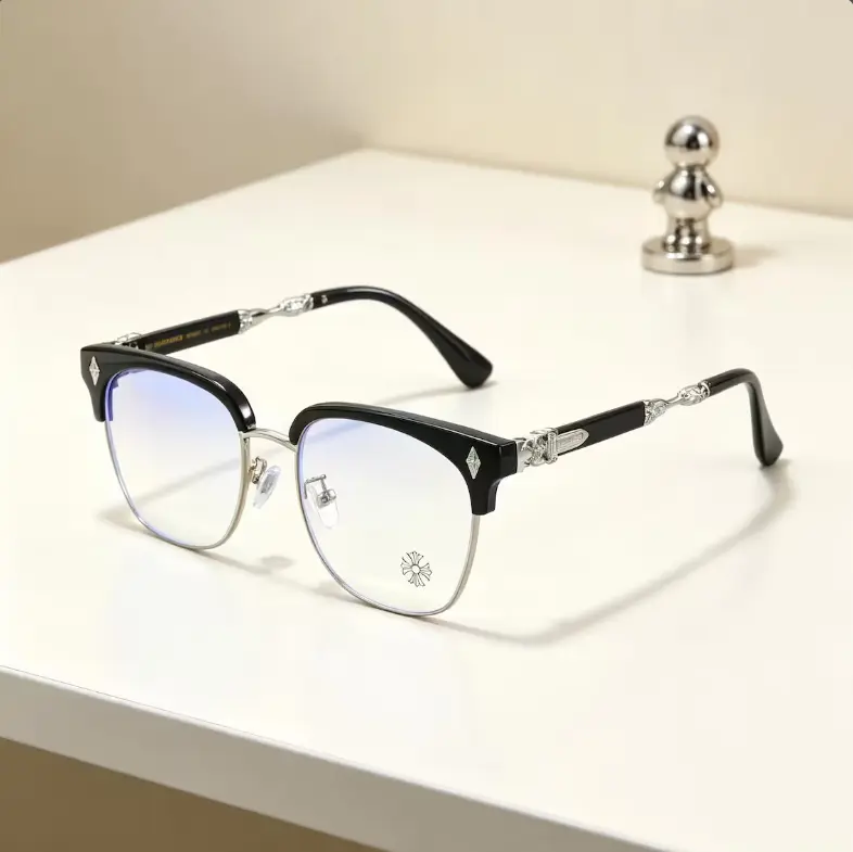 CH Luxury Gothic Black Gold Eyeglass Frames, Retro Half Rim Glasses, Ornate Metal Temple Optical Frames, Unisex Statement Eyewear Gift