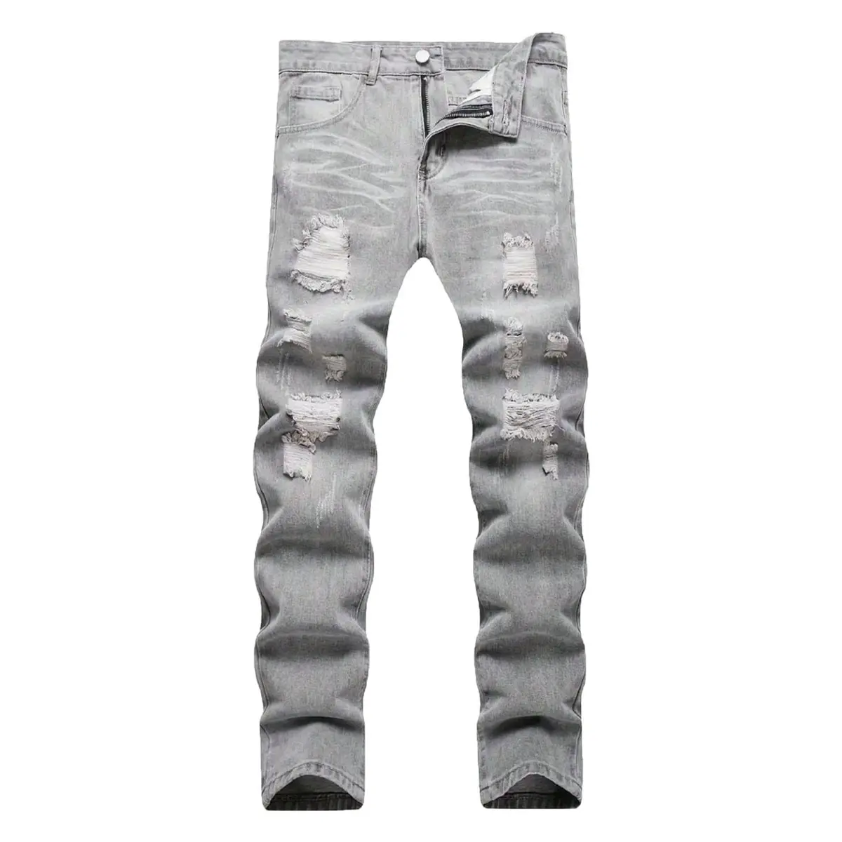 Men's Grey Ripped Streetwear Jeans - Menswear Fashion Trending Slim Fit Denim Trousers with Pocket, Comfortable All-Season Casual Wear, Fathersdaygift, Classic