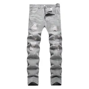 Men's Grey Ripped Streetwear Jeans, Breathable Slim Fit Denim, Comfortable for All-Season Casual Wear, Menswear, Streetwear Clothing