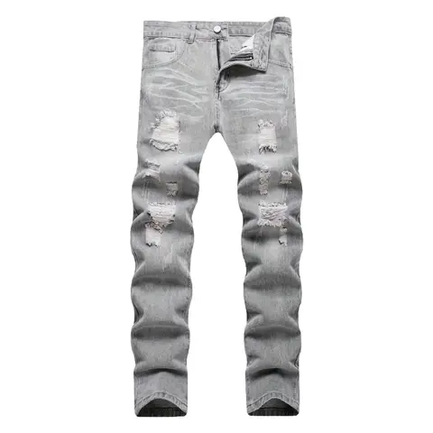 Men's Stylish Classic Tailored Grey Ripped Slim Fit Distressed Denim Jeans Pants - Trendy Menswear Streetwear Clothing, Decorated with Pockets, Buttons, Embroidery, Machine Washable All-Season Casual Denim Look Fathersdaygift