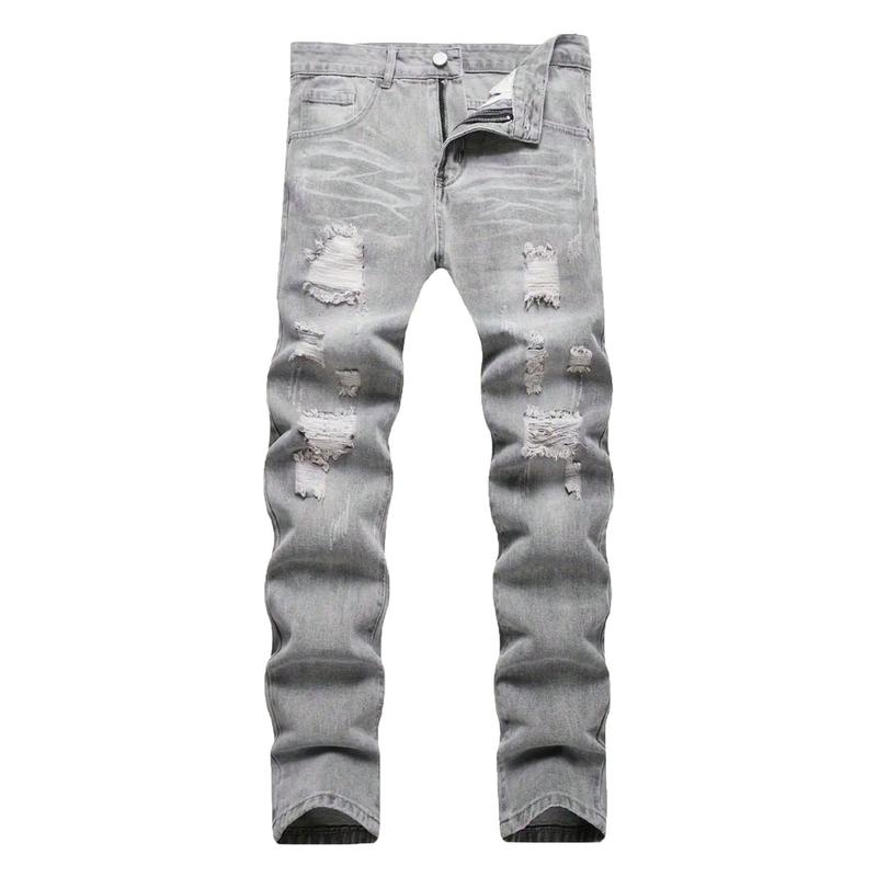 Men's Stylish Classic Tailored Grey Ripped Slim Fit Distressed Denim Jeans Pants - Trendy Menswear Streetwear Clothing, Decorated with Pockets, Buttons, Embroidery, Machine Washable All-Season Casual Denim Look Fathersdaygift
