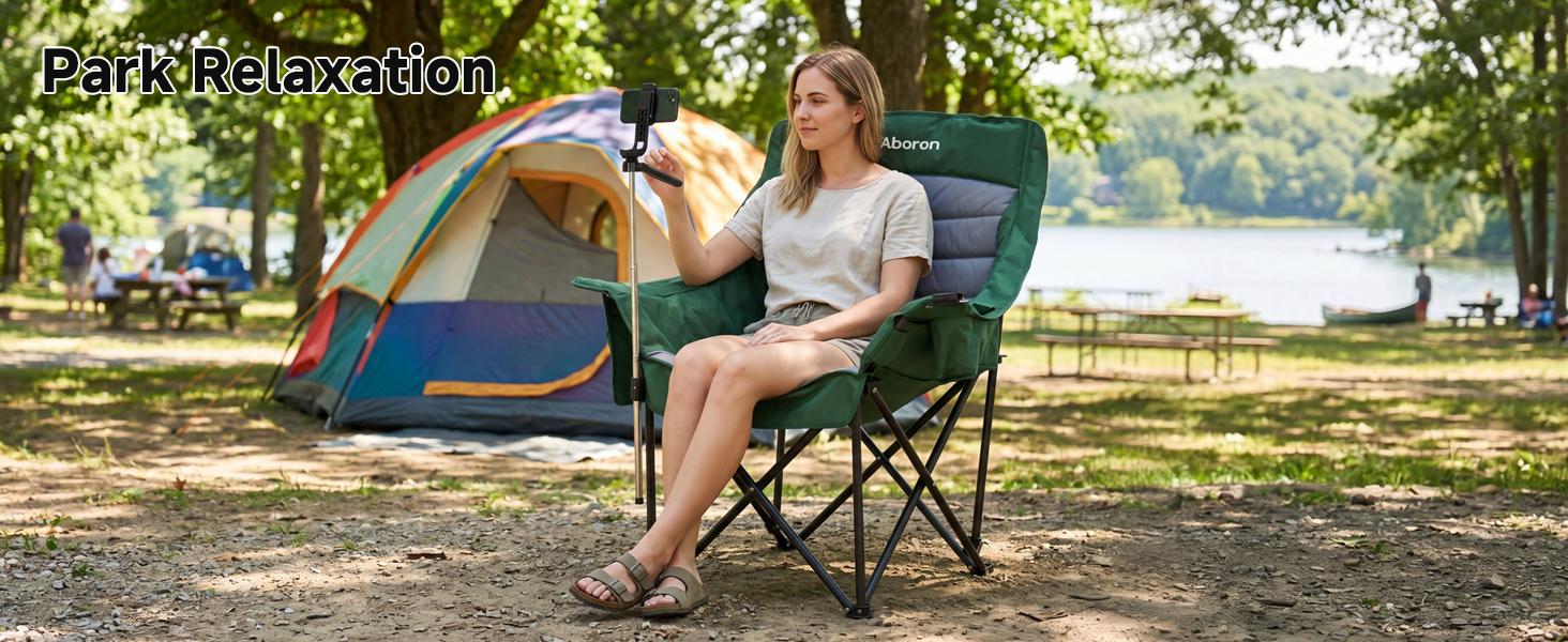 Oversized XXL Camping Chair with Phone Holder, Folding Portable Outdoor Chair Supports 600 lbs, Padded Seat with Wine Glass Holder, Cup Holder & Side Pocket for Camping, Fishing tiktokshopbacktoschool