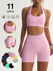 Two-Piece Women's Solid Ribbed Crop Sports Bra & High Waist Shorts Set, Sporty Comfy Breathable Outfits for Yoga Gym, Ladies Sportswear for All Seasons, Workout Running Clothes, Stretchable Activewear