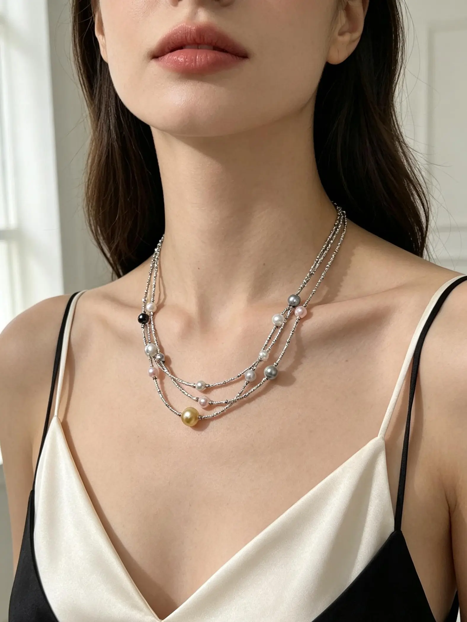 NO.09-Design three-layer Keshi necklace, paired with wild non-seeded Keshi