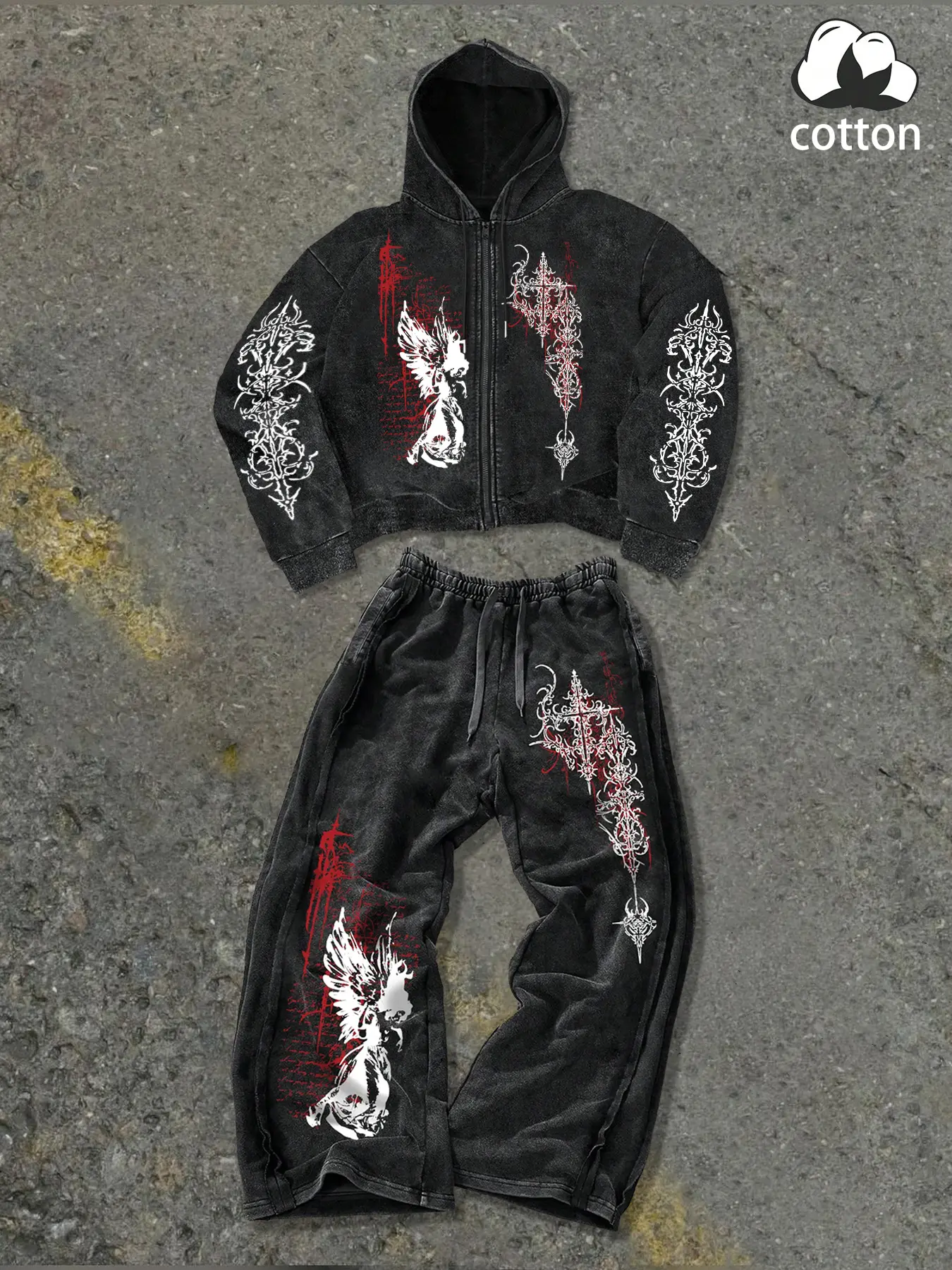 Men's Casual Two-Piece Sportswear Set, graphic tracksuit, Angel Cross Print, Gothic Street Style, Streetwear Tracksuit, High-Quality Cotton Fabric, Fall Winter Daily Wear, Casual Athletic Wear, Casual Tracksuits