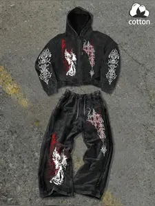 Men's Casual Two-Piece Sportswear Set, graphic tracksuit, Angel Cross Print, Gothic Street Style, Streetwear Tracksuit, High-Quality Cotton Fabric, Fall Winter Daily Wear, Casual Athletic Wear, Casual Tracksuits