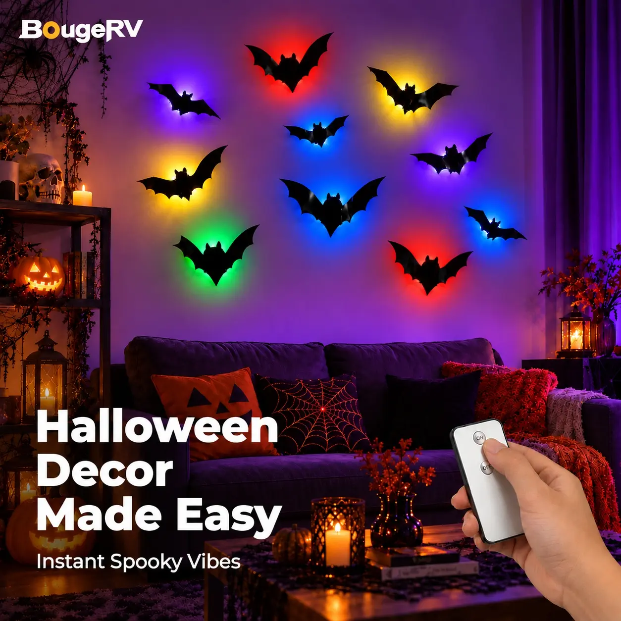 BougeRV 3D Bat Light LED Decorations, 12/24pcs Set, Halloween Spooky Decor, Bat/Spider/Butterfly Shapes, Bendable Wall Stickers, Easy Bubble-Free Application, Battery Powered, Non-Remote, Indoor Decor for Home, Party, Window, Door & Festival