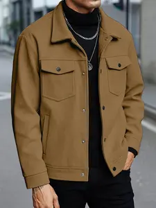 Men's Corduroy Work Jacket, Multi-Pocket Flap Design, Casual Long Sleeve Button Neck, Polyester Material