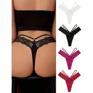 4PCS.Lace Patchwork Seamless Ice Silk Thong, Sexy, Comfortable, Breathable, Elastic Underwear, Women's Underwear, Women's Sexy Lingerie