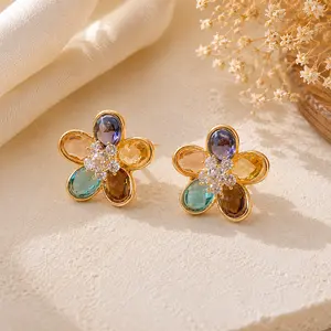 Women's Elegant Floral Crystal Stud Earrings - Colorful Gemstone-Inspired, Luxury Everyday Costume Jewelry, Ideal Spring-Summer Fashion Gift for Her