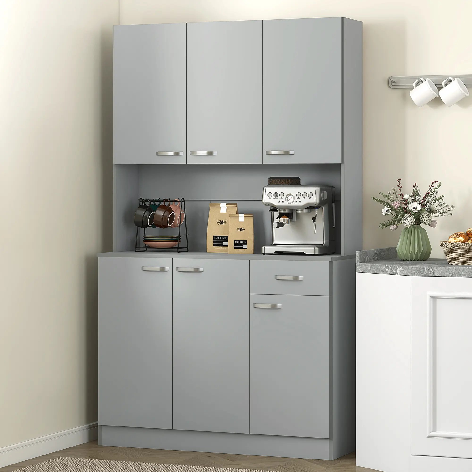 HOMCOM 71" Kitchen Pantry Cabinet, Tall Storage Cabinet with Microwave Stand, Modern Kitchen Hutch with Countertop, 6 Doors, Storage Drawer, 3 Adjustable Shelves for Living Room, Dining Room, White