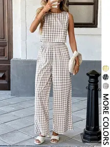 Women's Casual Fashion Vacation Set, Sleeveless Vest with Back Buttons and Loose Long Pants Two-Piece Set