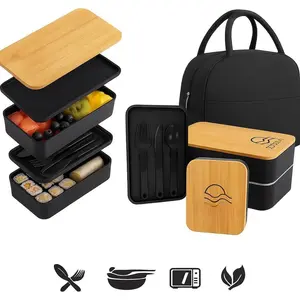 Bento Box Set for Adults - Dual Tier Lunch Box with  Lid, Utensils & Insulated Bag,  Meal Prep Container for Work, Travel & Portion Control (Black)