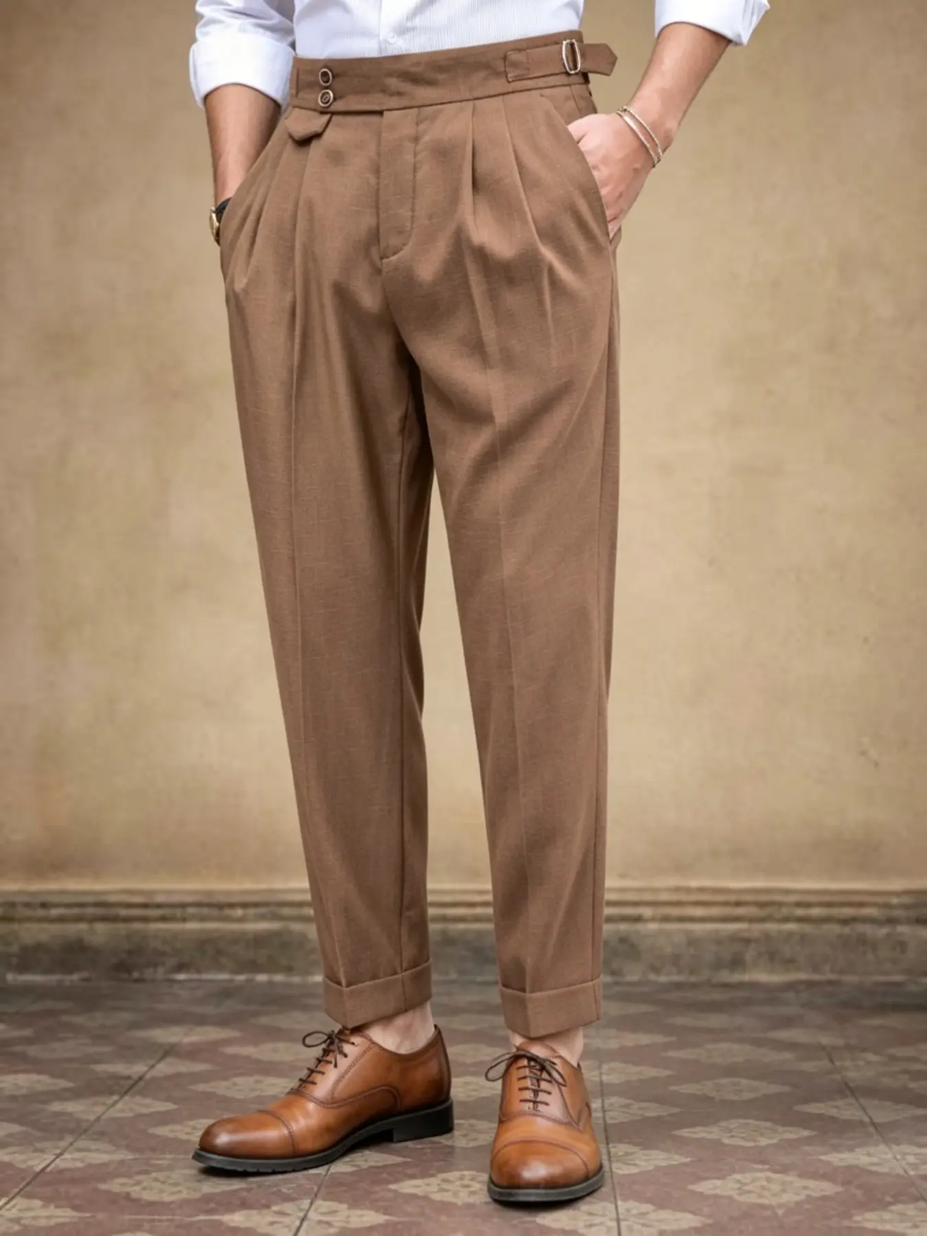 Vintage Pleated Design Suit Pants, Men's Fashion Casual Slim Fit, Business Essential, Lightweight Luxury Cuffed Suit Pants