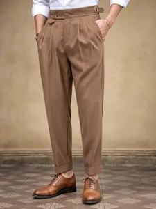 Vintage Pleated Design Suit Pants, Men's Fashion Casual Slim Fit, Business Essential, Lightweight Luxury Cuffed Suit Pants