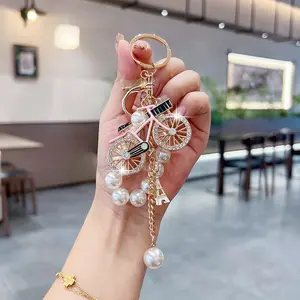 Fashion Pearl Beaded Bicycle Car Keychain Ring Pendant Creative Personalized Bag Charm Keychain For Bags Bike Key Fob Gift