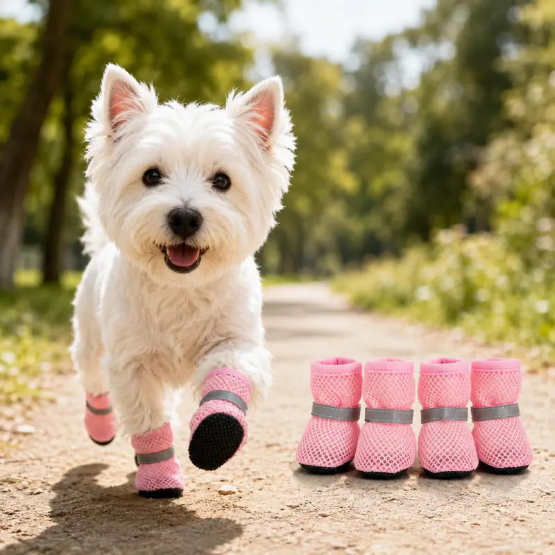 Dog Shoes for Hot Pavement for Small Dogs, 4PCS Breathable Mesh Puppy Boots with Non-Slip Sole, Reflective Adjustable Paw Protectors,Wear-Resistant Sole for Daily Outdoor Use