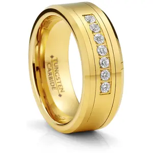 Men's Black Tungsten Ring Wedding Band Goldtone Simulated DIamond CZ Cubic Zirconia 8MM Comfort-Fit