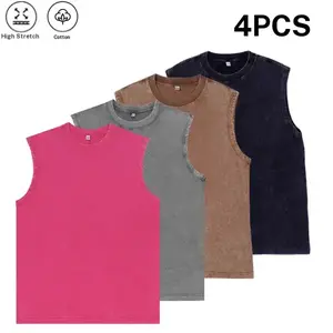 Pack of 4 pure cotton sleeveless tank tops, American street style, distressed washed finish, highly elastic and skin friendly fabric, suitable for gym workouts, lifting iron, everyday casual wear, versatile basic men’s apparel Wash Muscle Unisex Acid tikt