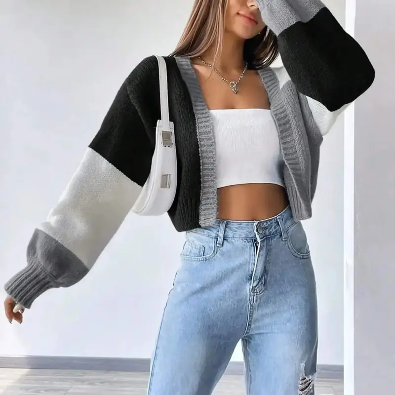 Women's Colorblock Patchwork Long Sleeve Fitted Cardigan Sweater, Casual Retro Vintage Open Front for Fall & Winter, Fashion Ladies' Knit Clothing for Daily Wear, Soft Tops, Womenswear, Knitted Sweater Cardigan