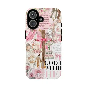 Aesthetic Christian Coquette Case | "God is within her" | Pink Bow & Floral Collage for iPhone 17 16 15 14 13 12 11 XS XR