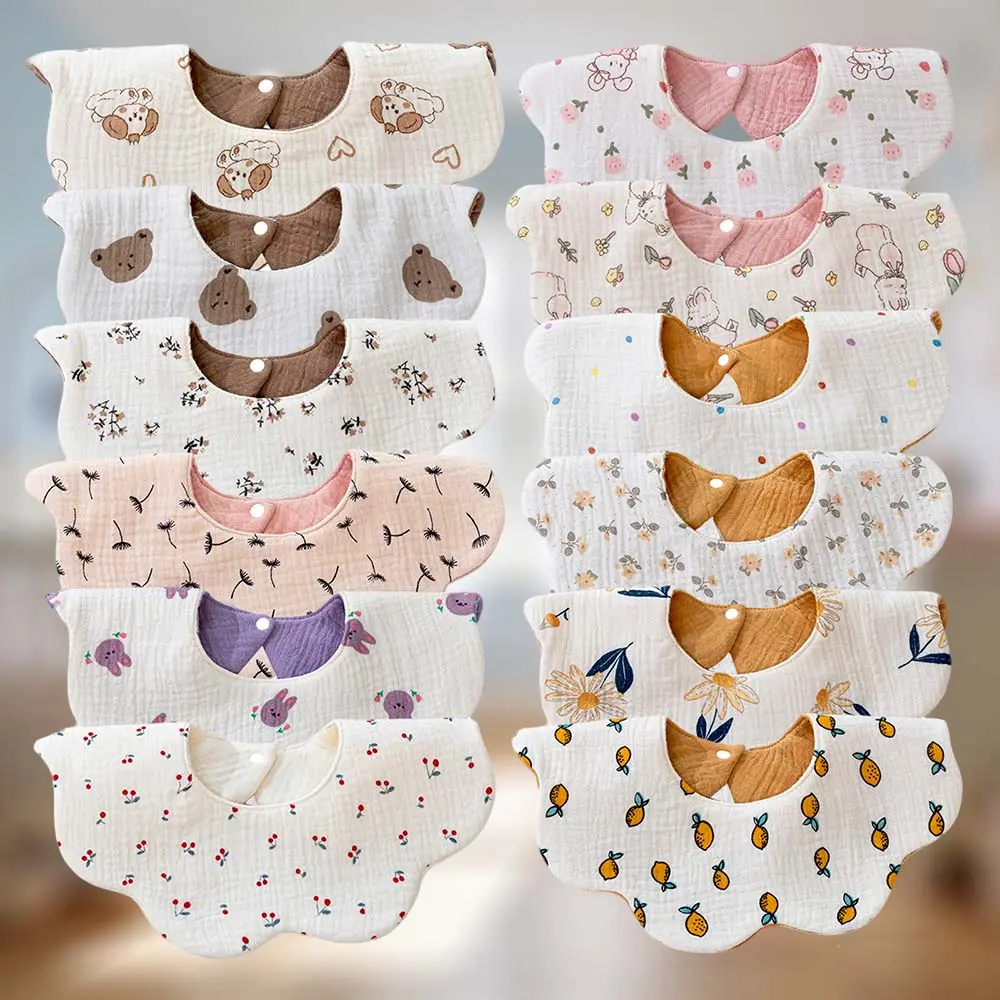 12 Pack Baby Drool Bibs – Waterproof Muslin Baby Bibs for Boys & Girls, Soft Double Layer Cartoon Feeding & Teething Bibs solid color Reversible Cartoon Bibs for Babies Adjustable Waterproof Cotton Baby Bibs protection easy gentle baby bib summeressential