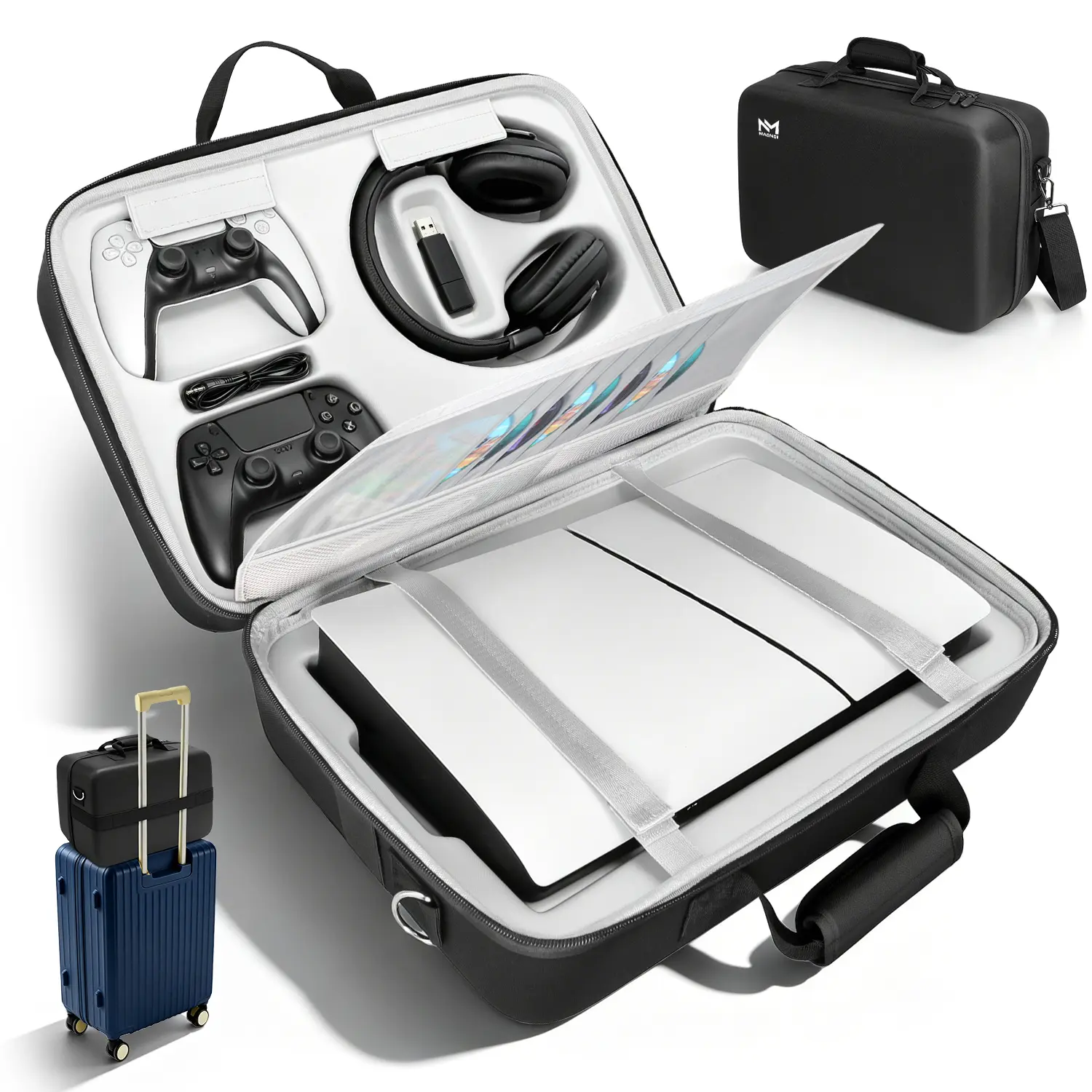 PS5 Carrying Case Hard Shell, Waterproof Shockproof Dustproof Travel Bag for PS5 & PS5 Slim with Removable Divider, Large Capacity Holds Console Controller Headset Game Discs Cables, EVA Portable Storage Essential Gift for Gamers